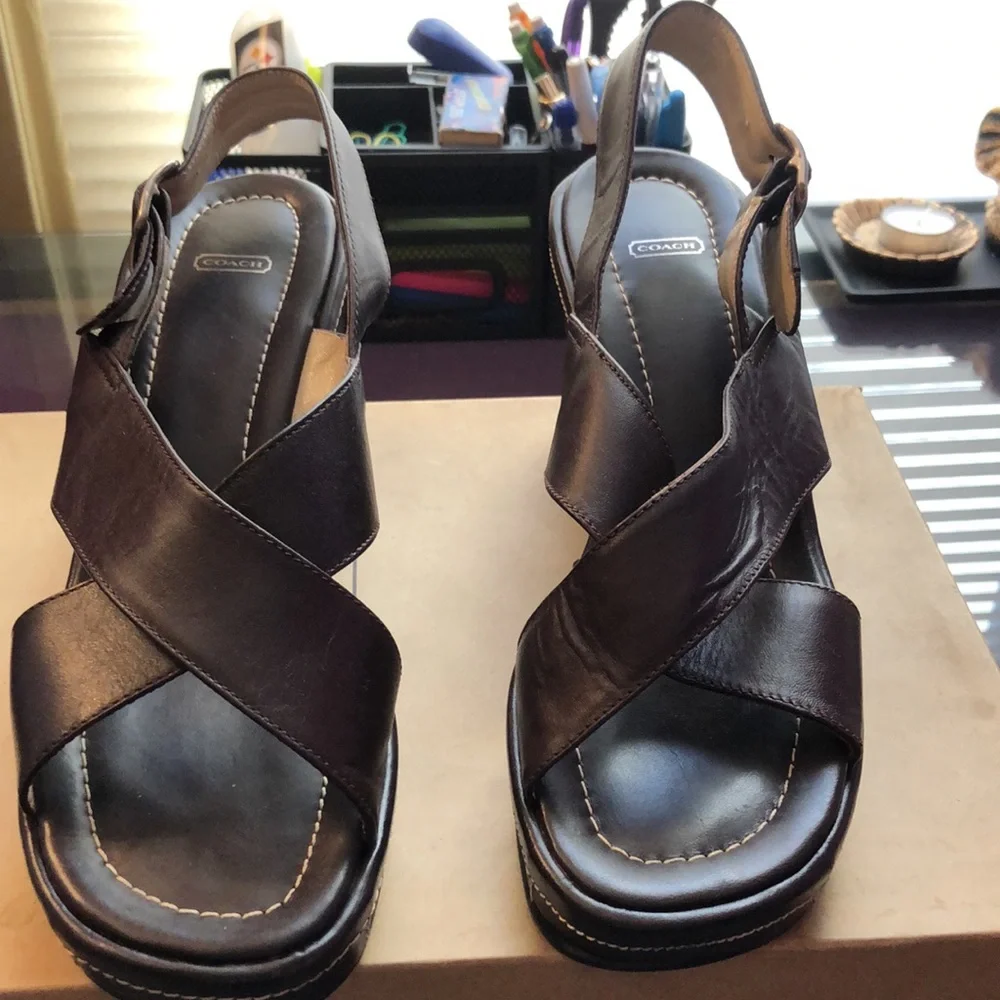 Coach Brown Leather Crisscross Wedge Sandals